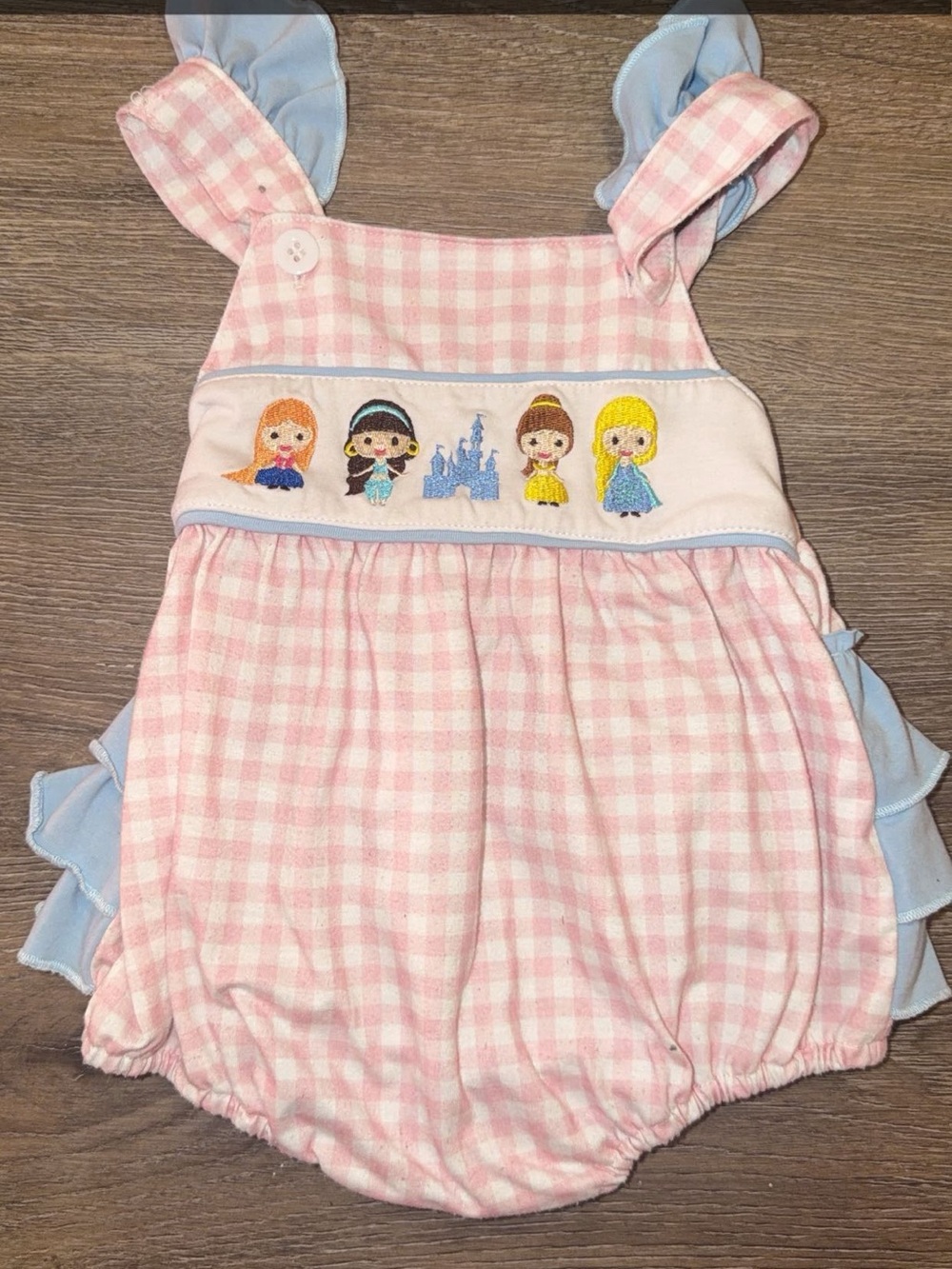 Pink Gingham Baby Romper with Princess Embroidery smocked